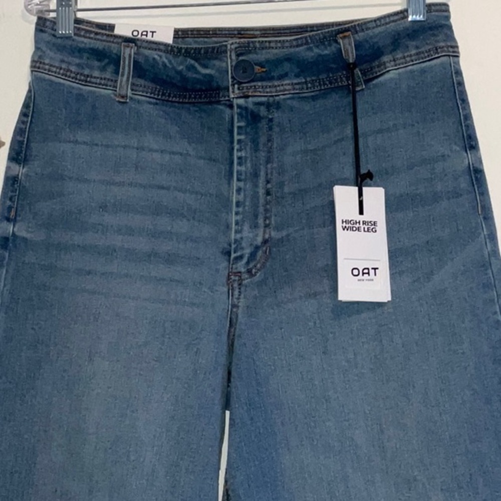 OAT NEW YORK HIGH RISE STRETCH WIDE LEG RAW HEM COTTON BLEND BLUE JEAN 10/30 NWT